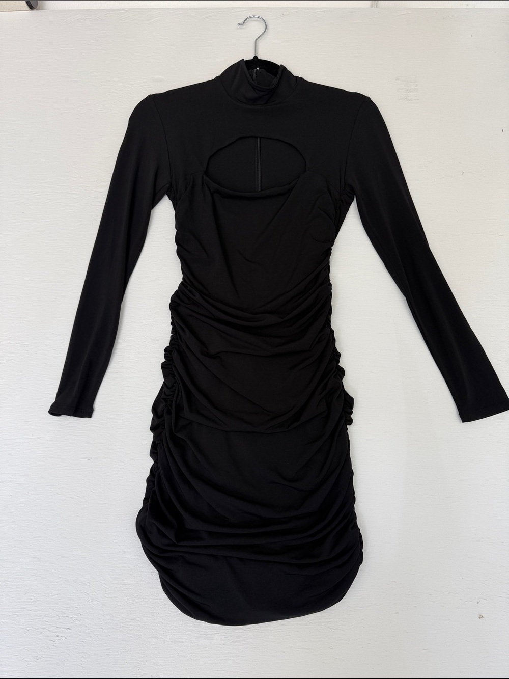 Nookie Black Long-Sleeve Ruched Mini Dress with Front Cutout - Picture 2 of 6